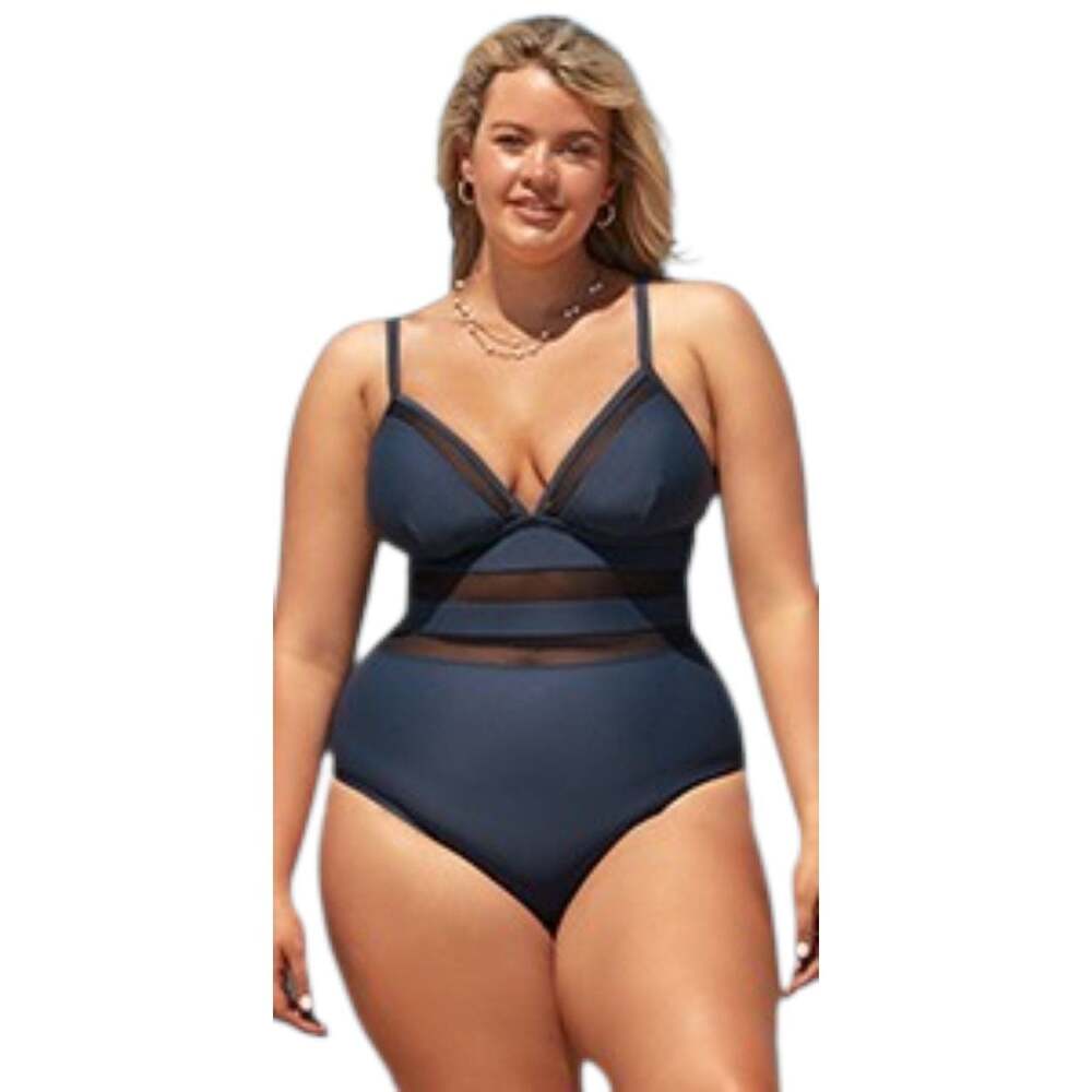 Cupshe Plus Size Solid V-Neck Mesh Detail One-Piece Swimsuit, 0X/US 14W